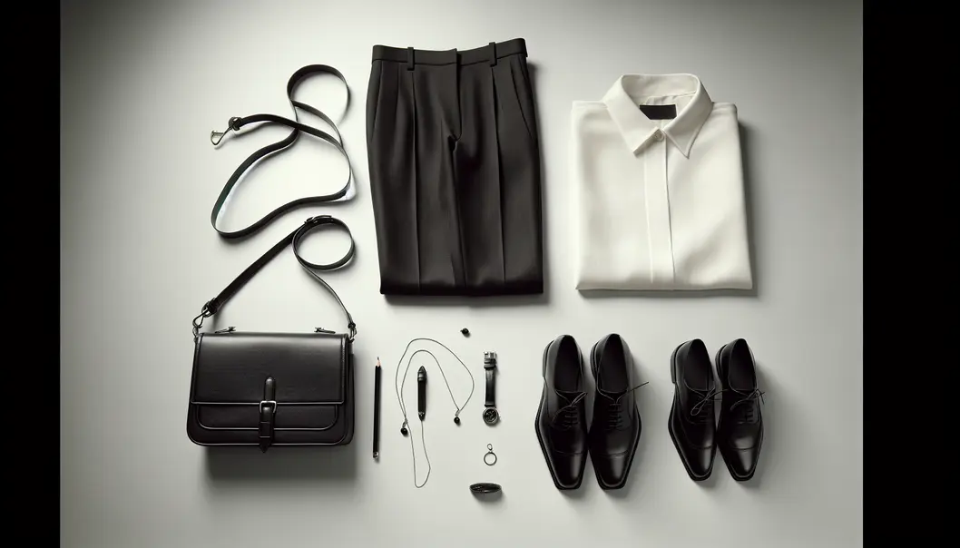 A flat lay of a minimalist fashion outfit, including a white blouse and black pants with accessories.