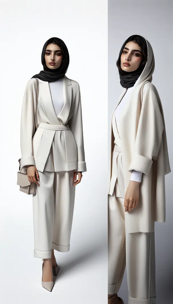 A person in a minimalist outfit showcasing simplicity and elegance against a plain backdrop.