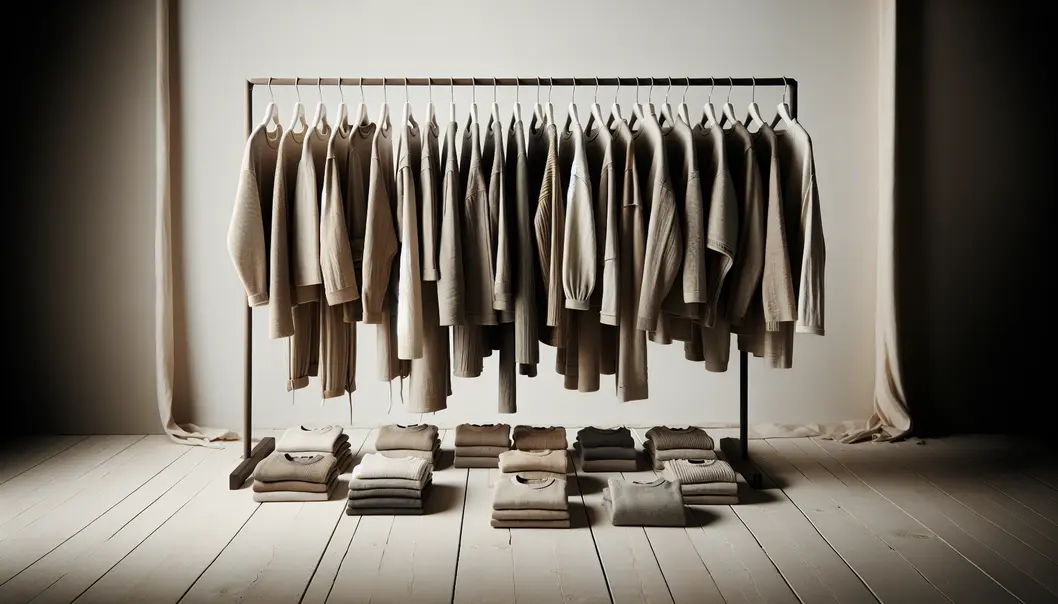 A curated selection of monochromatic minimalist clothing on a rack.