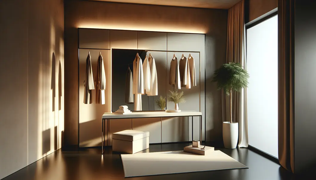 A clean and stylish dressing area with minimalist design elements and few elegant clothing pieces.
