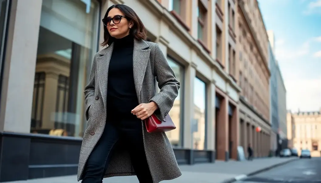 Professional woman in oversized coat walking in a city.