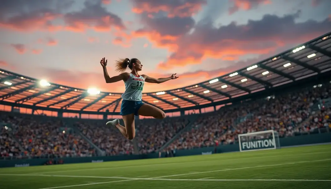 A female athlete leaping gracefully in a stadium during twilight, symbolizing hope and triumph in women's sports.