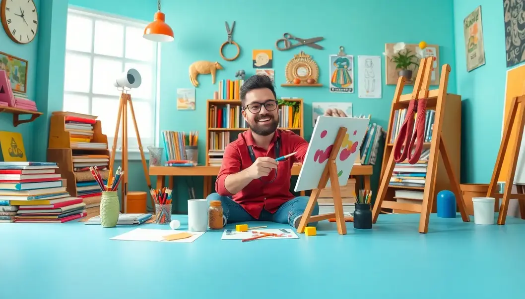 A left-handed artist working in a colorful and slightly comically challenging environment.