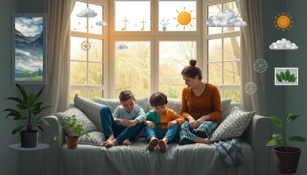 A family inside a home with views of different climate conditions through windows.