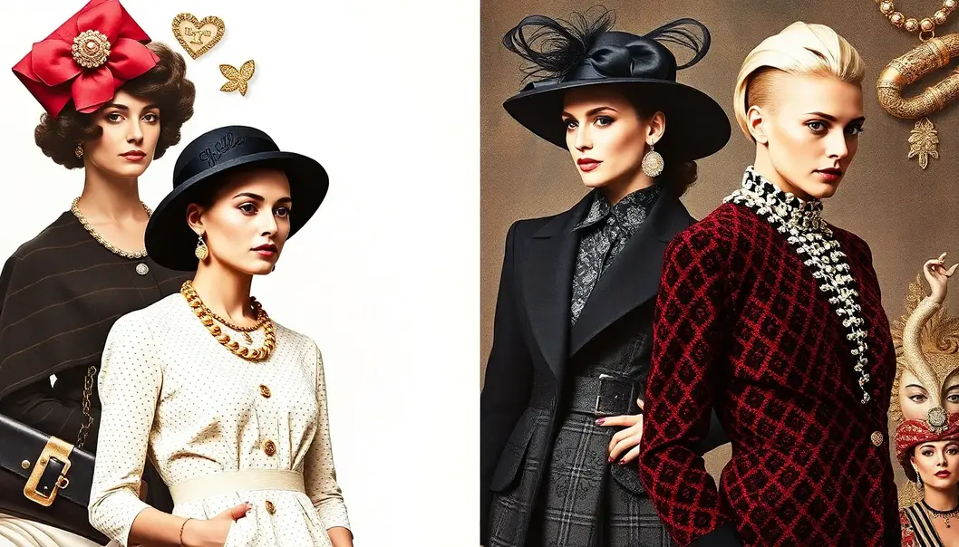 Iconic fashion figures and their signature designs in a glamorous collage.