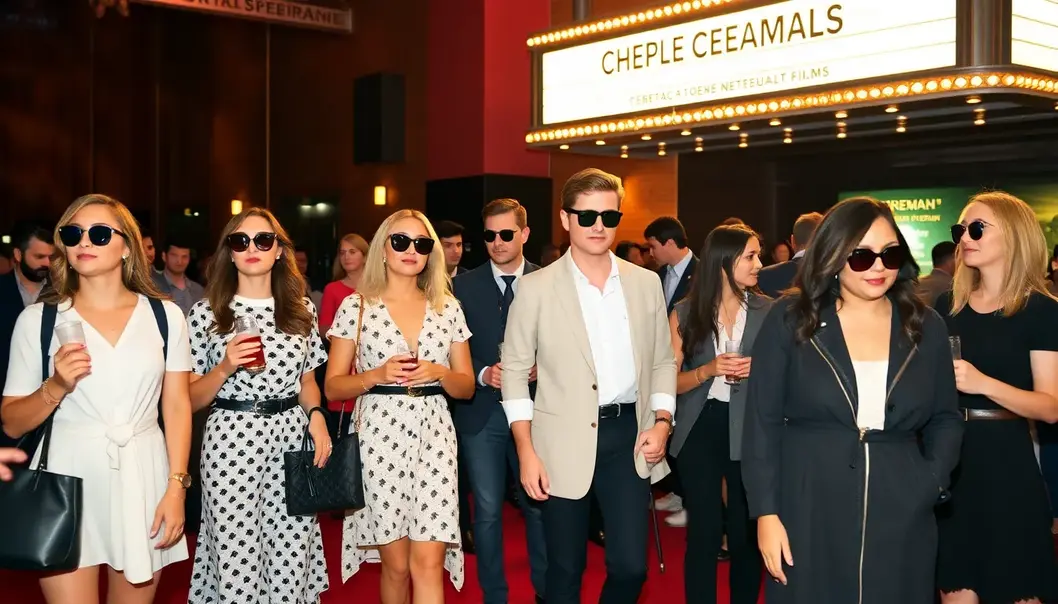 Group of stylish individuals at a film festival in smart casual outfits.