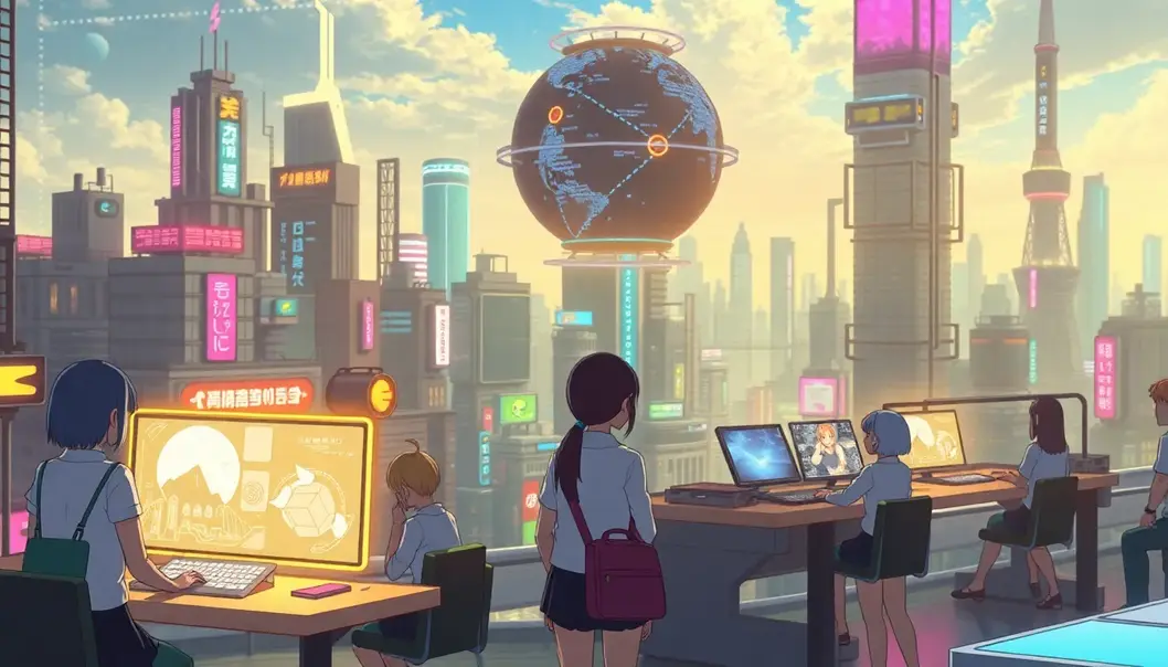 A futuristic cityscape with anime figures interacting in imaginative work environments.