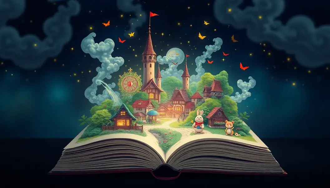 An open magical book with a Ghibli-inspired village and characters emerging from its pages, showcasing intricate details and vibrant colors.