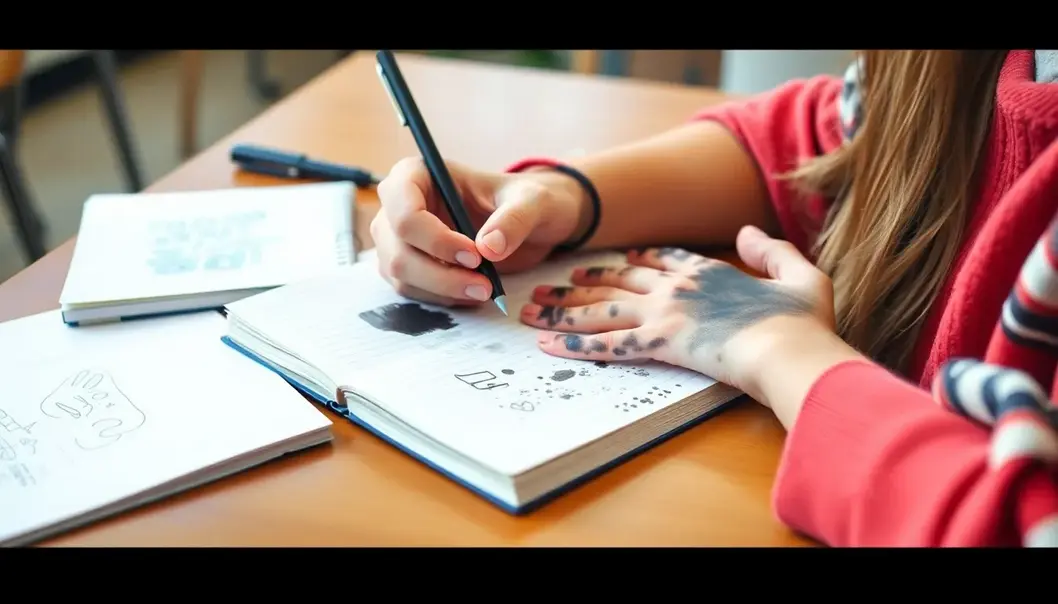 A left-handed student battling the inevitable ink smudge while writing.