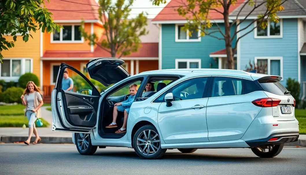 A modern car parked in a family neighborhood illustrating subscription-based ownership.